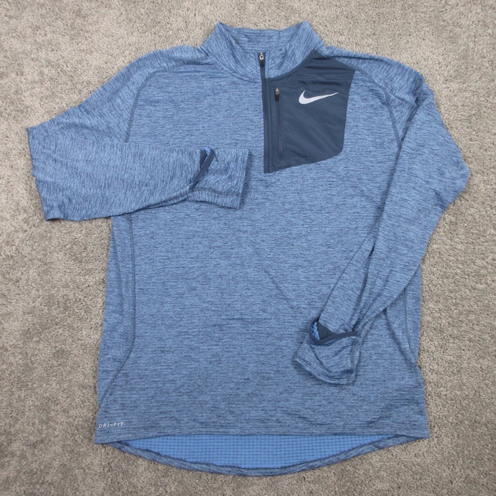 Nike Sweater Mens XL Blue Running Drifit Fleece Logo Quarter Zip Lightweight EUC